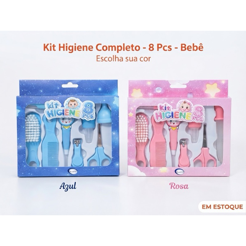Kit Higiene Bebê Completo 8 Peças Recém Nascido Escova Pente Tesoura Cortador Cuidados Diários Menino Menina