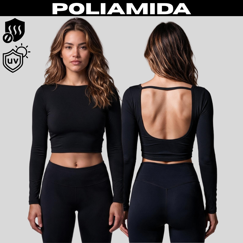Cropped Manga Longa Poliamida Top Costas Abertas Nua Baby Tee Look Zero Transparência Academia Treino