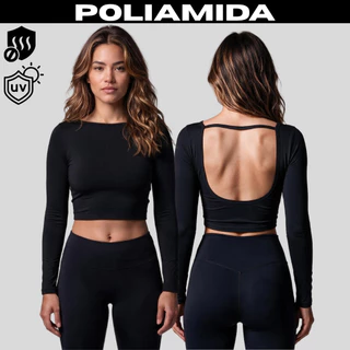 Cropped Manga Longa Poliamida Top Costas Abertas Nua Baby Tee Look Zero Transparência Academia Trein