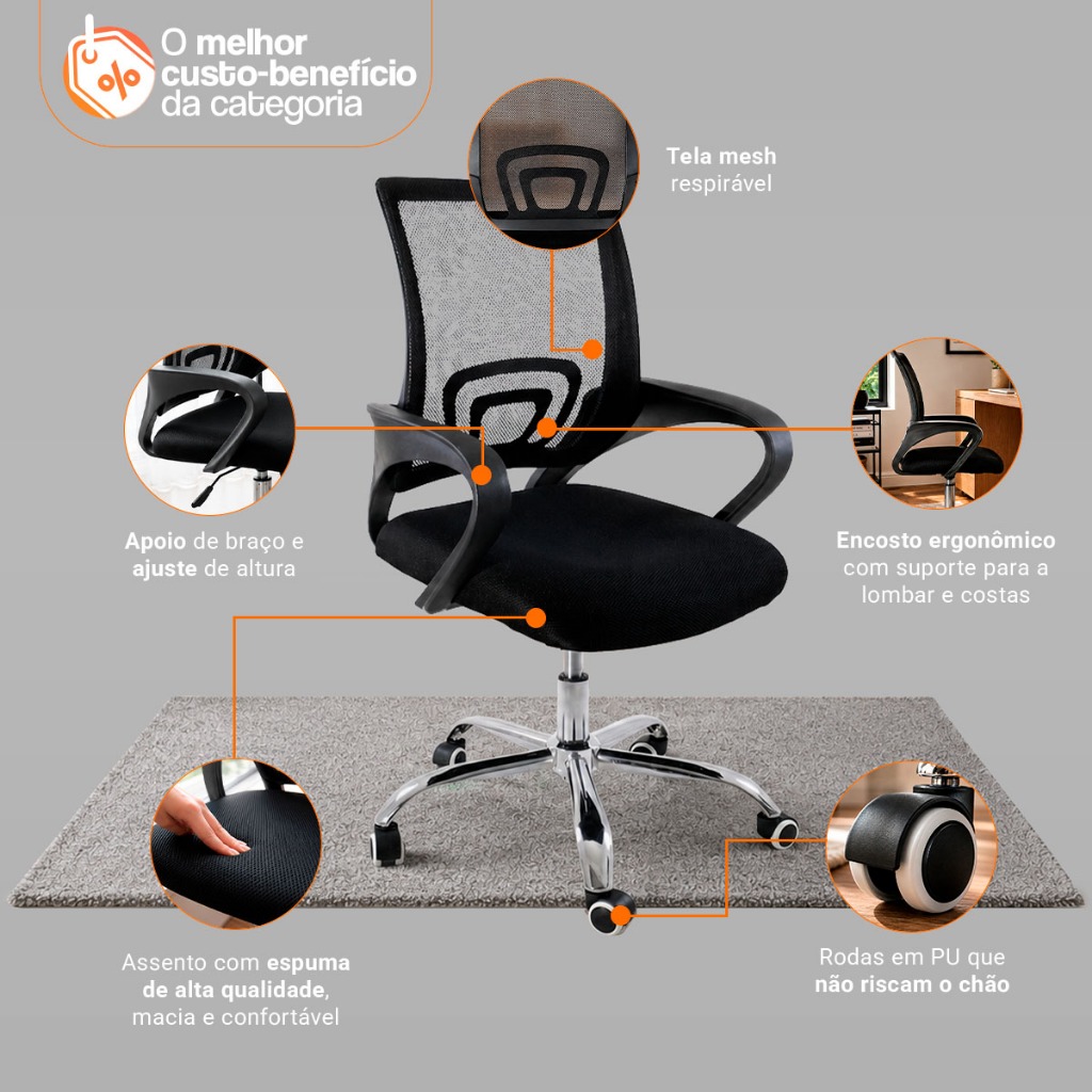Cadeira de Escritório Begônia Ergonômica Tela Mesh Apoio Lombar Ajuste de Altura Giratória 120kg · foto 2