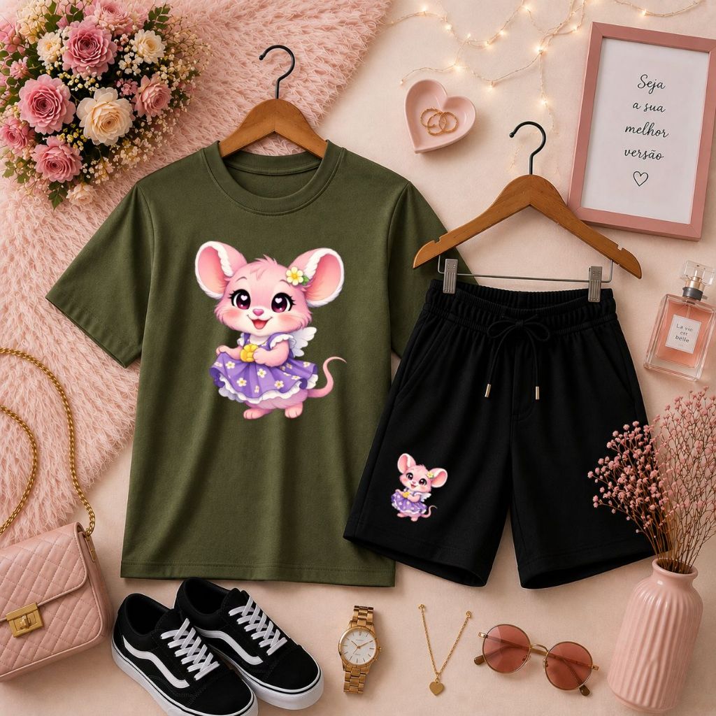 Conjunto Infantil Feminino Camiseta Básica e Short de Moletom Confortável para Menina Estampa de Ratinha Fofa