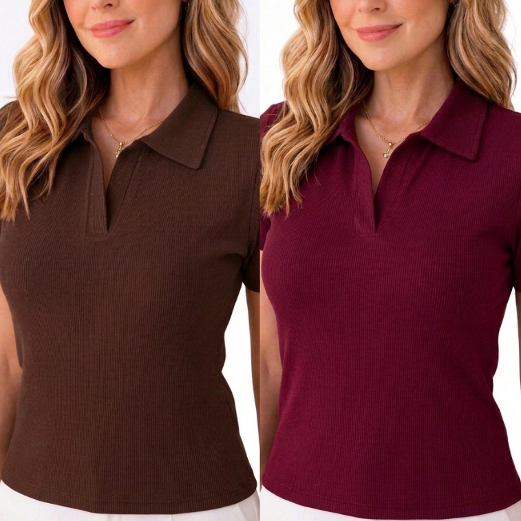 Kit 2 Blusas Polo Feminina Gola Polo Decote V Ribana Canelada Ajustada Manga Curta Casual