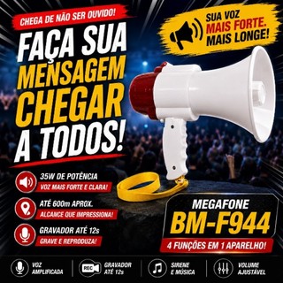 Megafone Portátil Recarregável 35W Com Sirene Gravação Amplificador Voz USB BM-F944