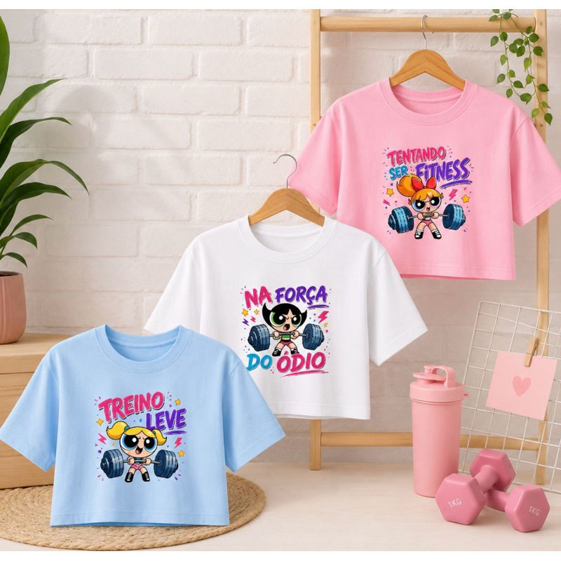 Blusinha Cropedd Kit 3 Peças Estampa divertida Super Poderosas Academia Tendência Colorida Algodão Premium Fresquinha