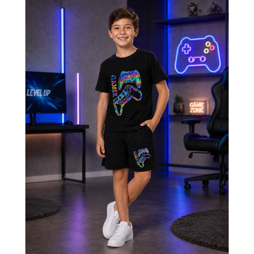 Conjunto Infantil Masculino Gamer Camiseta e Short Estampado Controle Colorido Neon
