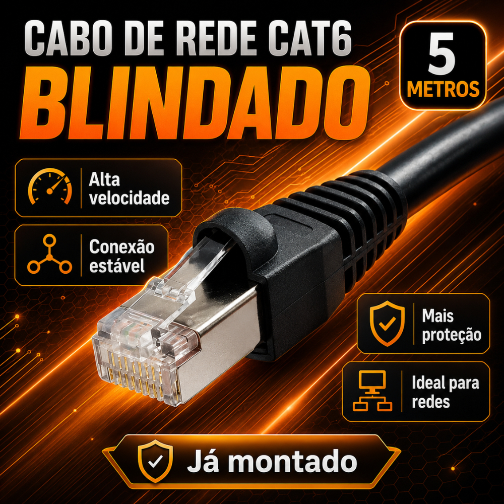 Cabo de Rede CAT6 Blindado STP 5 Metros Gigabit RJ45 Anti-Interferência