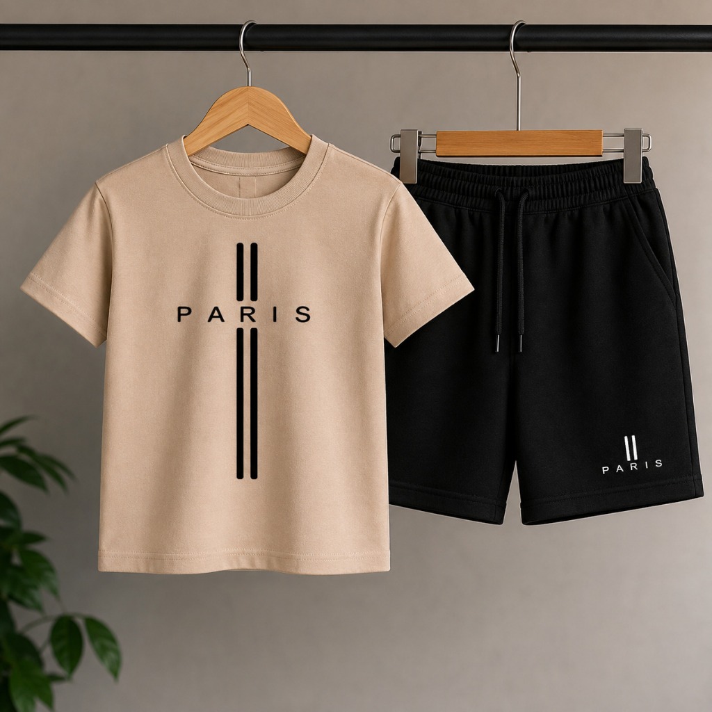 Kit Infantil Masculino Paris Camiseta + Bermuda Moletom Conjunto Menino Verão Confortável Estiloso Short