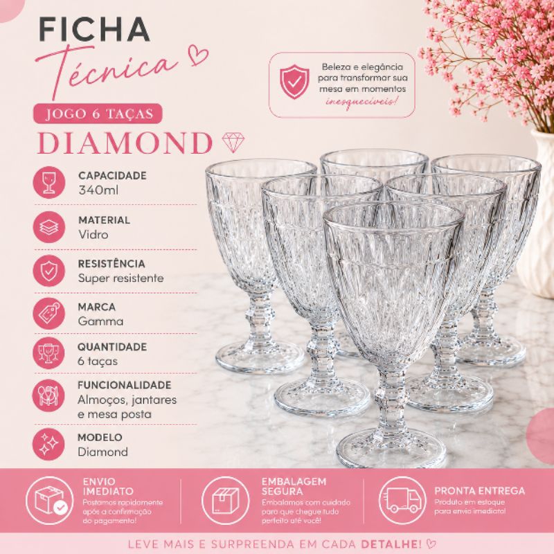 Kit Taças Diamond De Vidro 340ml Para Mesa Posta Jantar Almoço Conjunto Com 2, 4 e 6 Peças