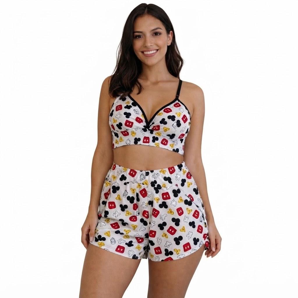 Pijama Feminino Short Doll de liganete alcinha Estampado pernagens Mickey – Conjunto Conforto Verão