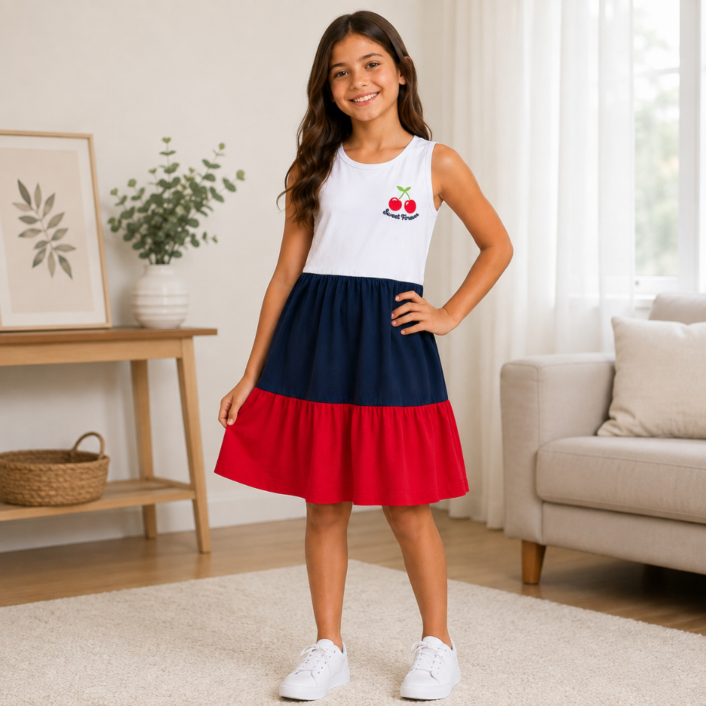 Vestido Infantil Feminino Regata Estampado Cereja Colorido 100% Algodão