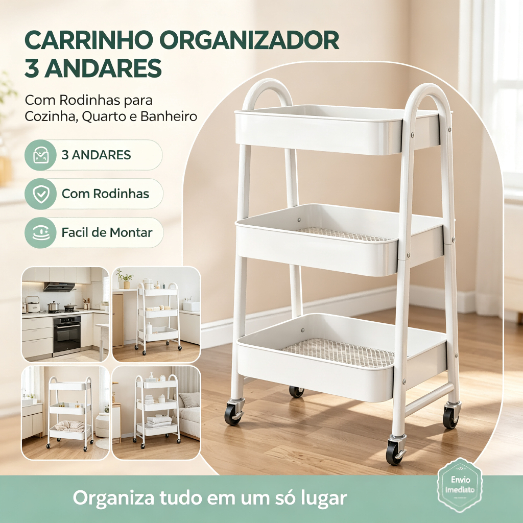 Carrinho Organizador 3 Prateleiras, Rodízios 360°, Multiuso Fácil Montar para Cozinha, Sala, Banheiro e Escritório