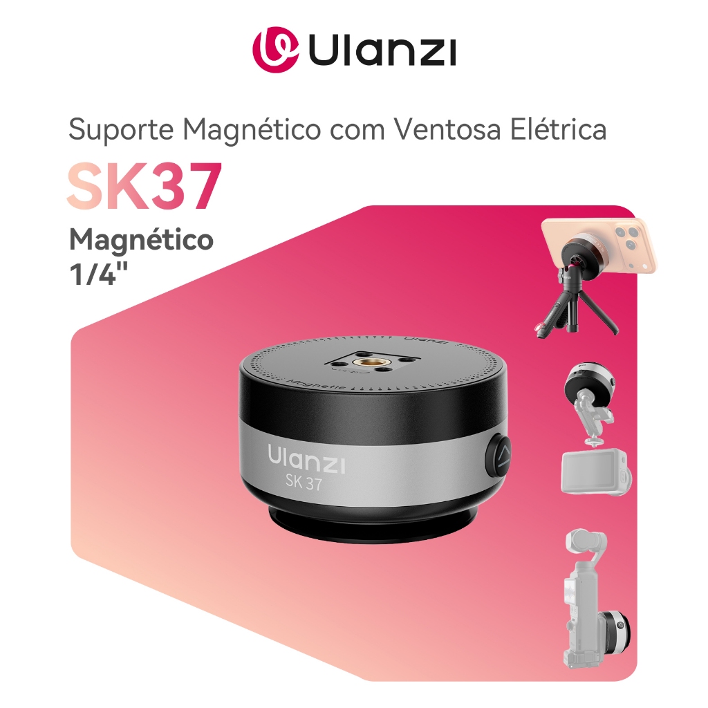 ULANZI SK37 Suporte Magnético com Ventosa Elétrica, Compatível com MagSafe, Rosca 1/4", Até 3 kg de Sucção