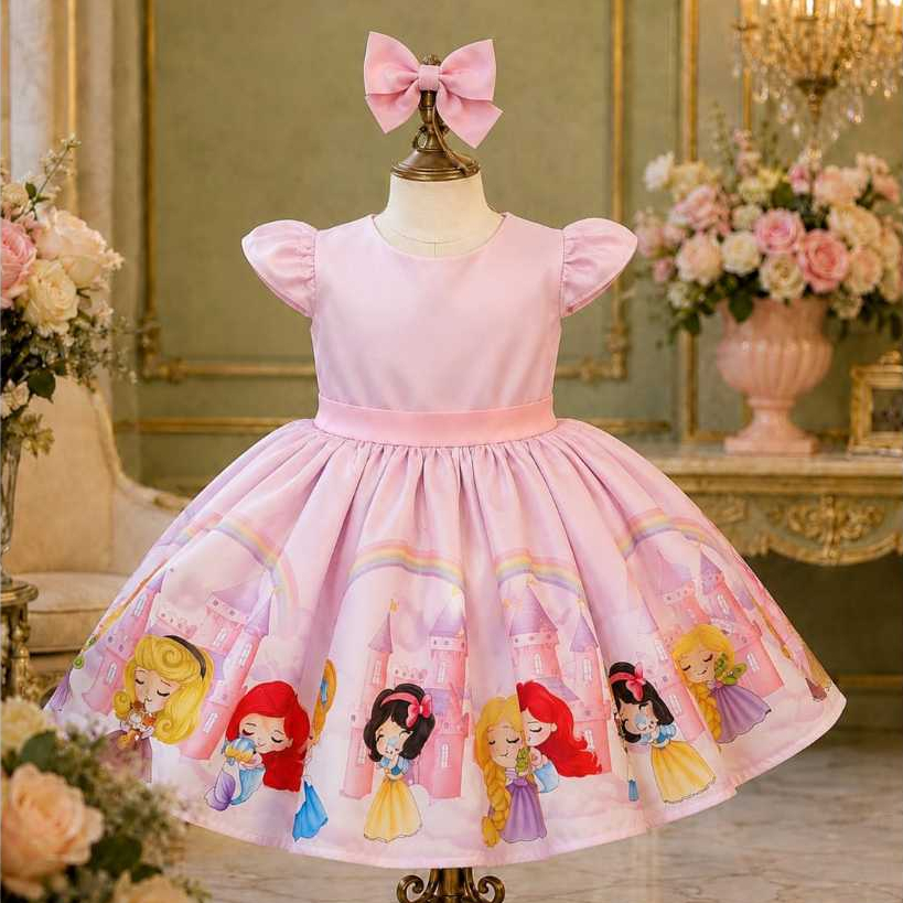 VESTIDO LUXO PRINCESAS BABY FUNDO ROSA