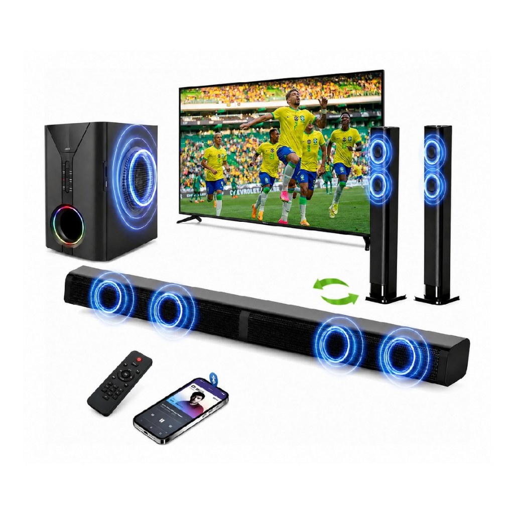Caixa De Som Soundbar TV Bluetooth Som Cinema Com Subwoofer 2.1 Canais 400W Home Theater USB, FM Radio,RGB Luz,110V-240V