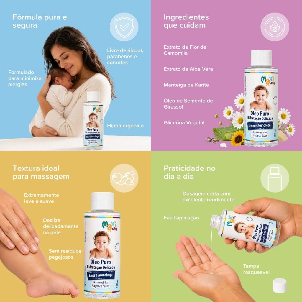 Kit Óleo Corporal Bebê hipoalergênico Massagem Hidratante 120ml Cada Maxi Baby · foto 2