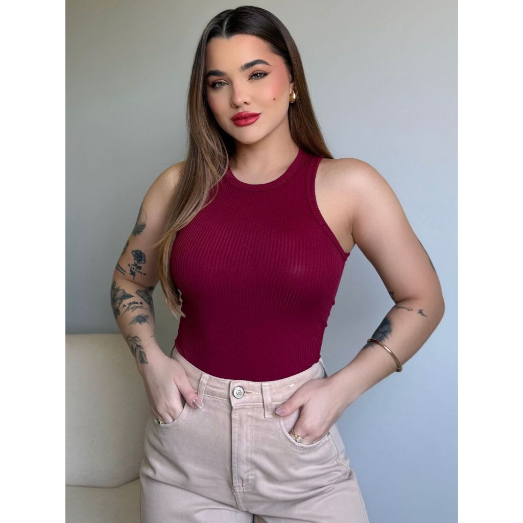 Regatas Feminina Canelada Moda Verão Blusa Decote Nadador Básica Casual Confortável com Elastano