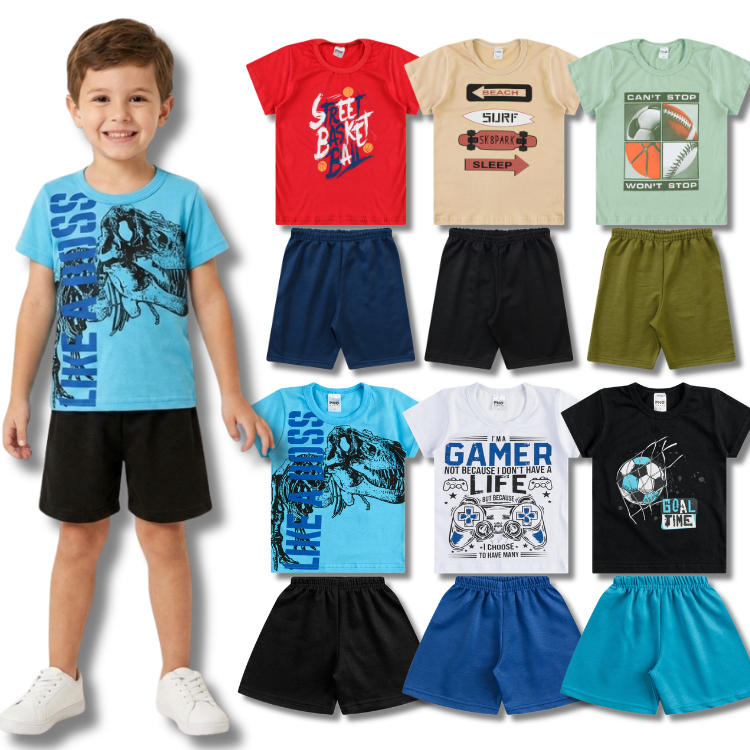 Kit 2 Conjuntos Camiseta e Bermuda Masculino/Menino Verão Infantil - Blusa Estampada e Bermuda Lisa
