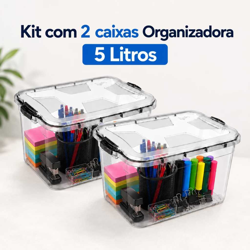 Kit Com 2 Organizador Multisuo 5 Litros Caixa Organizadora Com Tampa Travas Caixa Organizadora