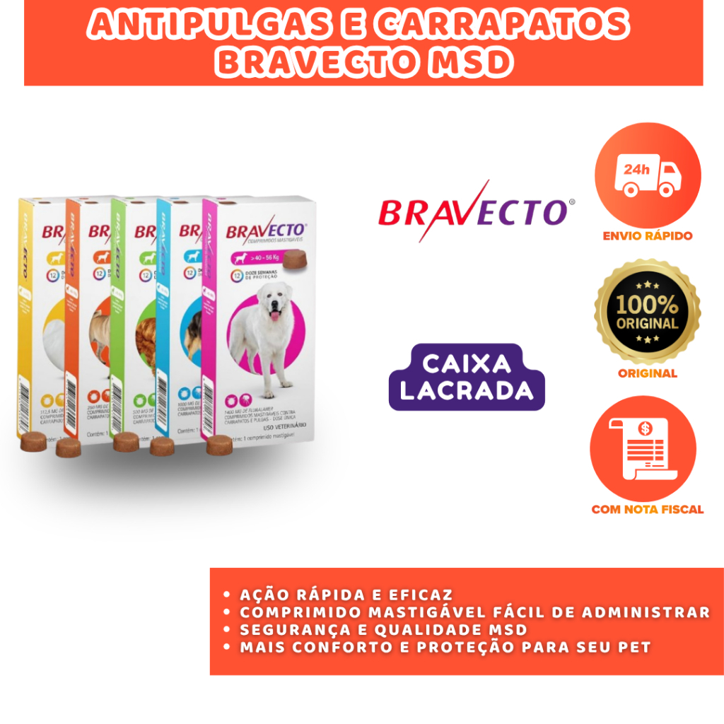 ANTIPULGAS E CARRAPATOS BRAVECTO MSD PARA CÃES PROTEÇÃO DE LONGA DURAÇÃO