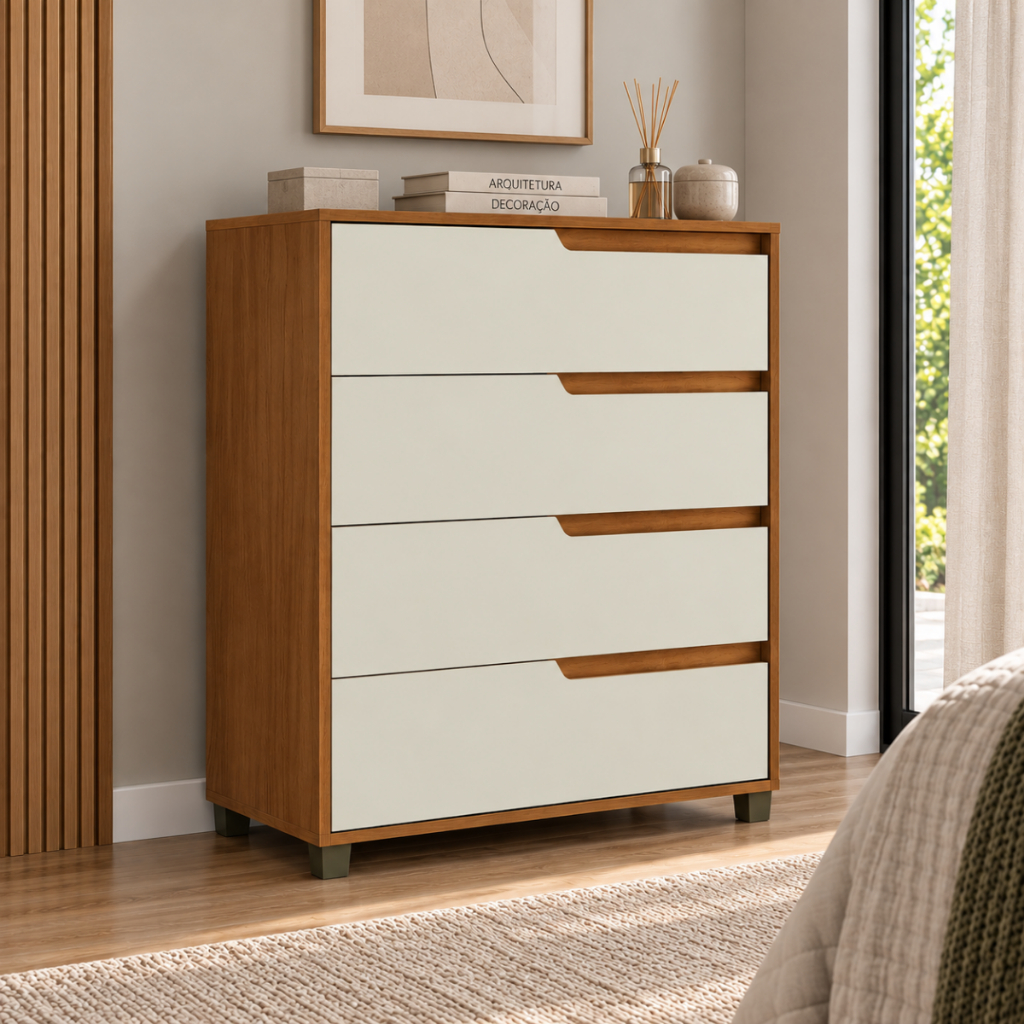 Cômoda 4 Gavetas 104x80 Cm Viena Nature Off White 100% MDF Casamia