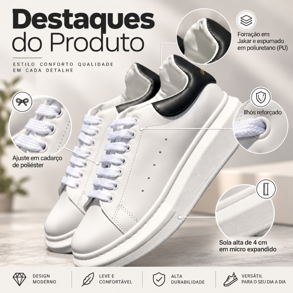 Sapatenis Casual Sneaker Chunky Branco Leve e Confortável Sola Alta Costurado Liso — imagem 2 de 2