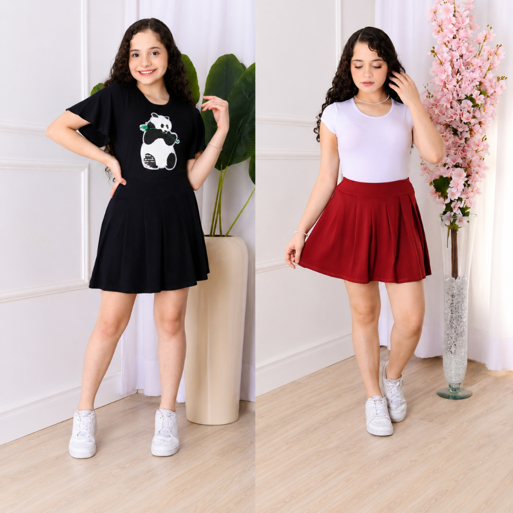 Kit 2 Short Saia Infantil Juvenil Plissado Viscolycra com Pregas