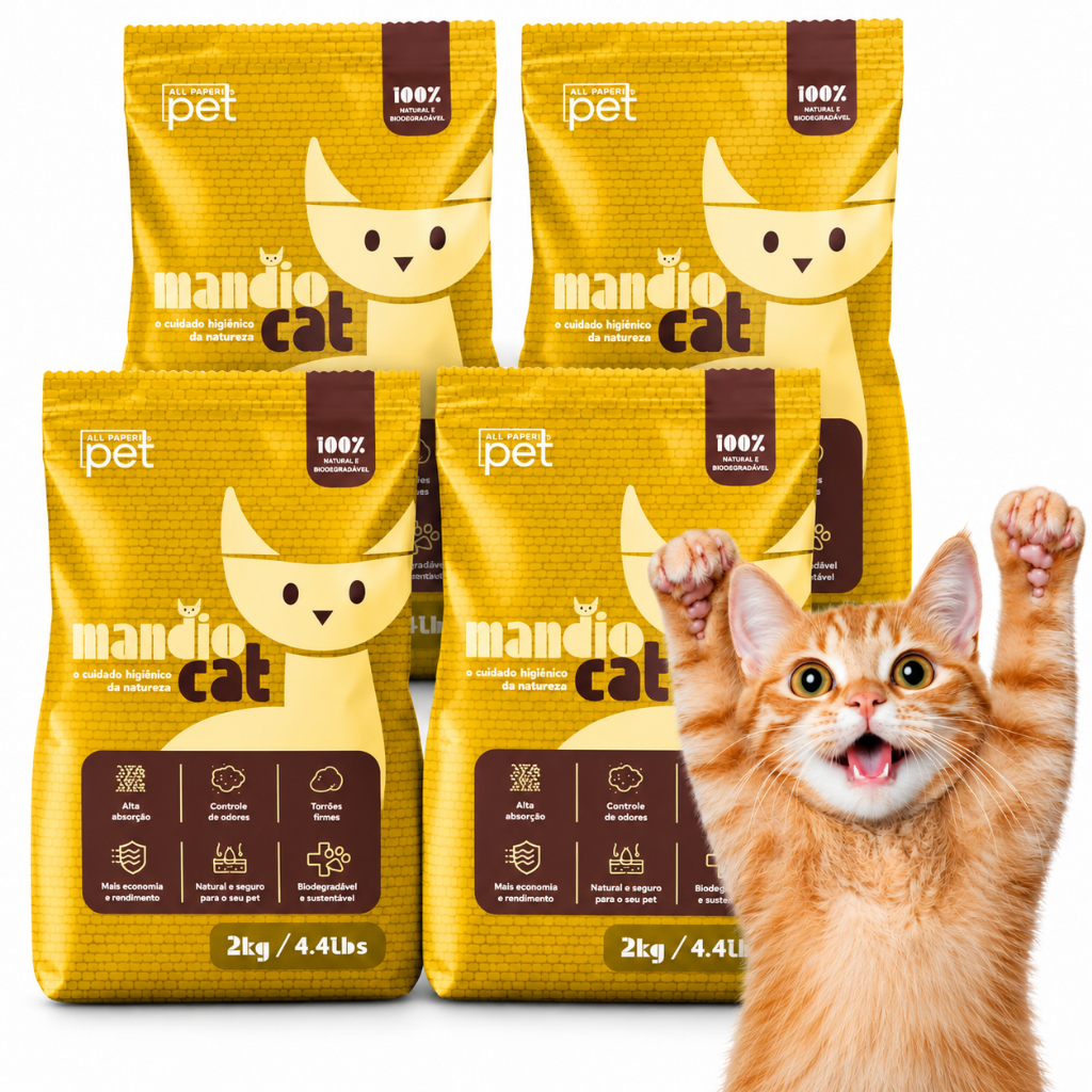 Areia De Gato Mandiocat Biodegradável Mandioca Grão finos 2 ou 4 Kg Para Gatos