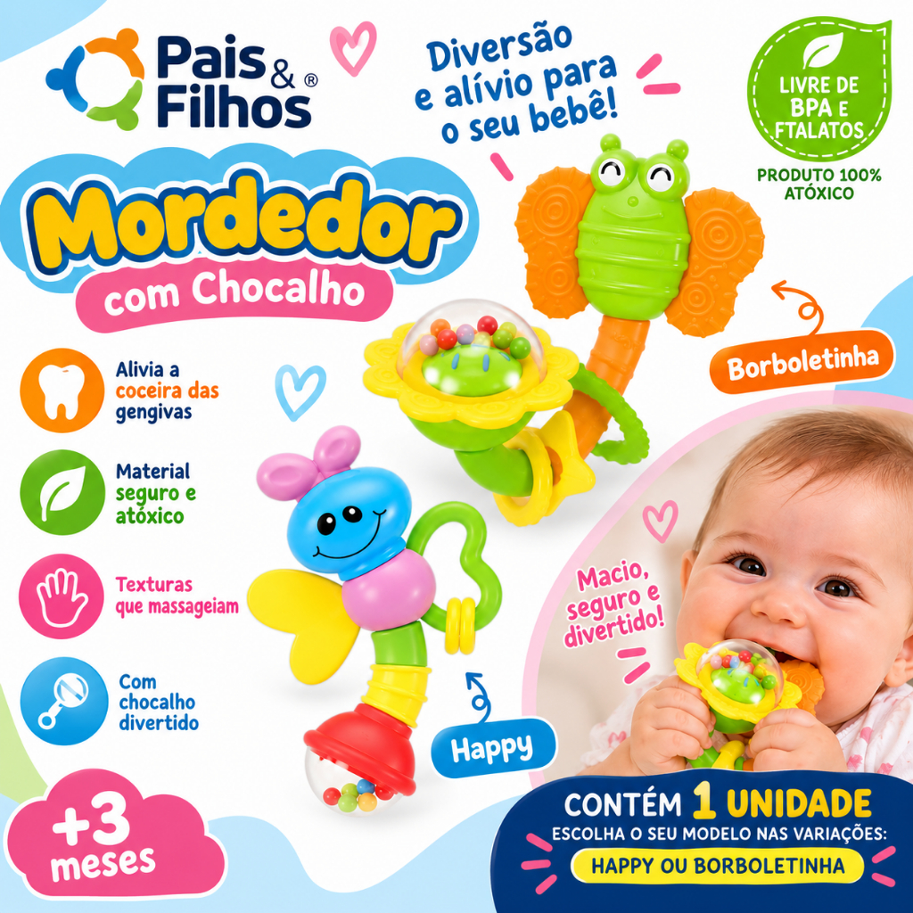 Mordedor Chocalho Happy Pais & Filhos Alívio para Dentição e Estímulo Sensorial 4m+