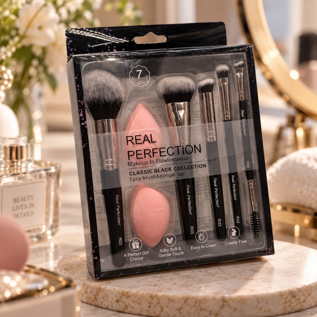 Kit 7 Peças Profissional de Maquiagem – Real Perfection Pincéis, Esponjas e Escova de Cílios