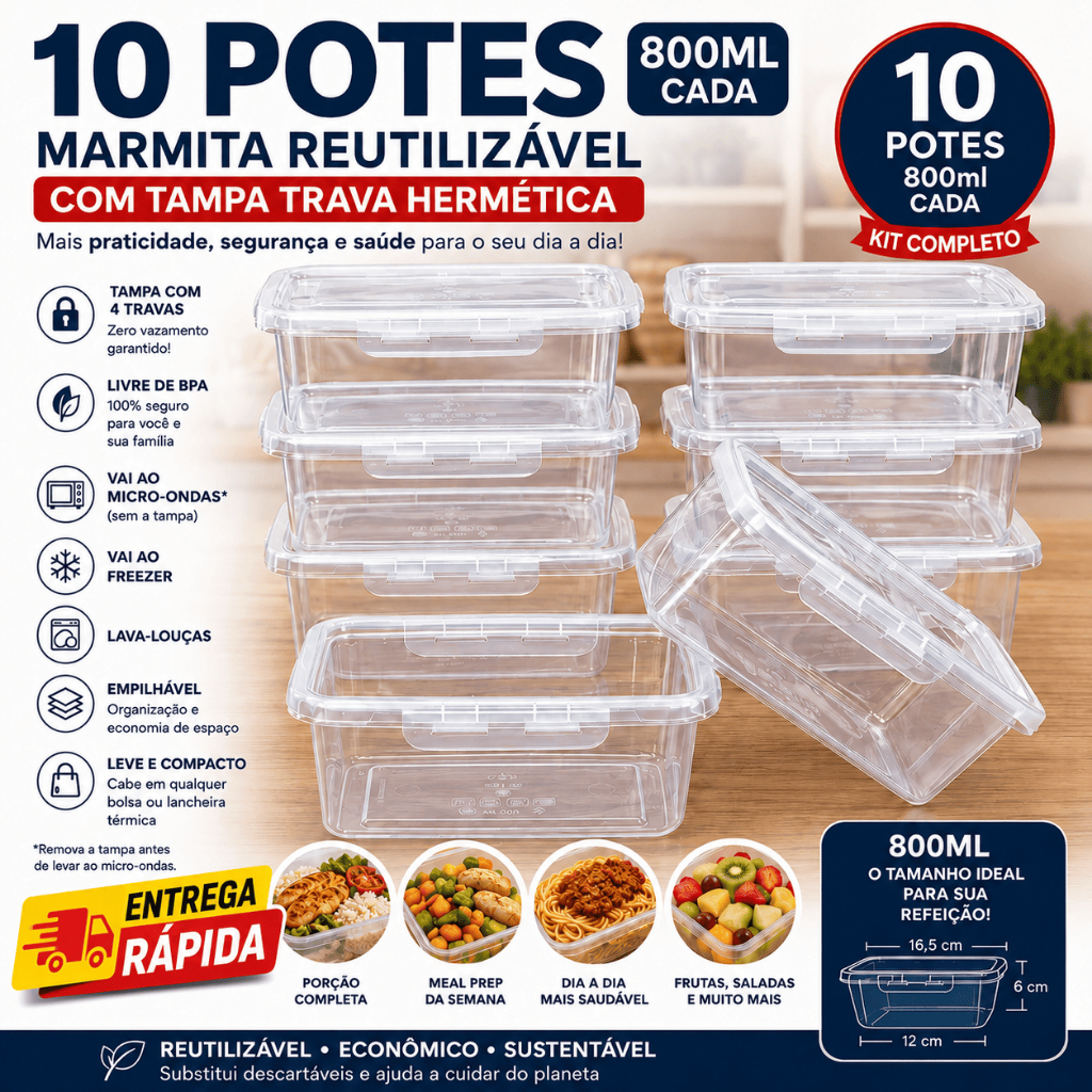 Kit 5, 7 e 10 Marmita 800ml Pote Hermético Tampa 2 Travas BPA Free Fitness Freezer Microondas