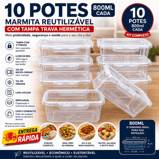 Kit 5, 7 e 10 Marmita 800ml Pote Hermético Tampa 2 Travas BPA Free Fitness Freezer Microo…