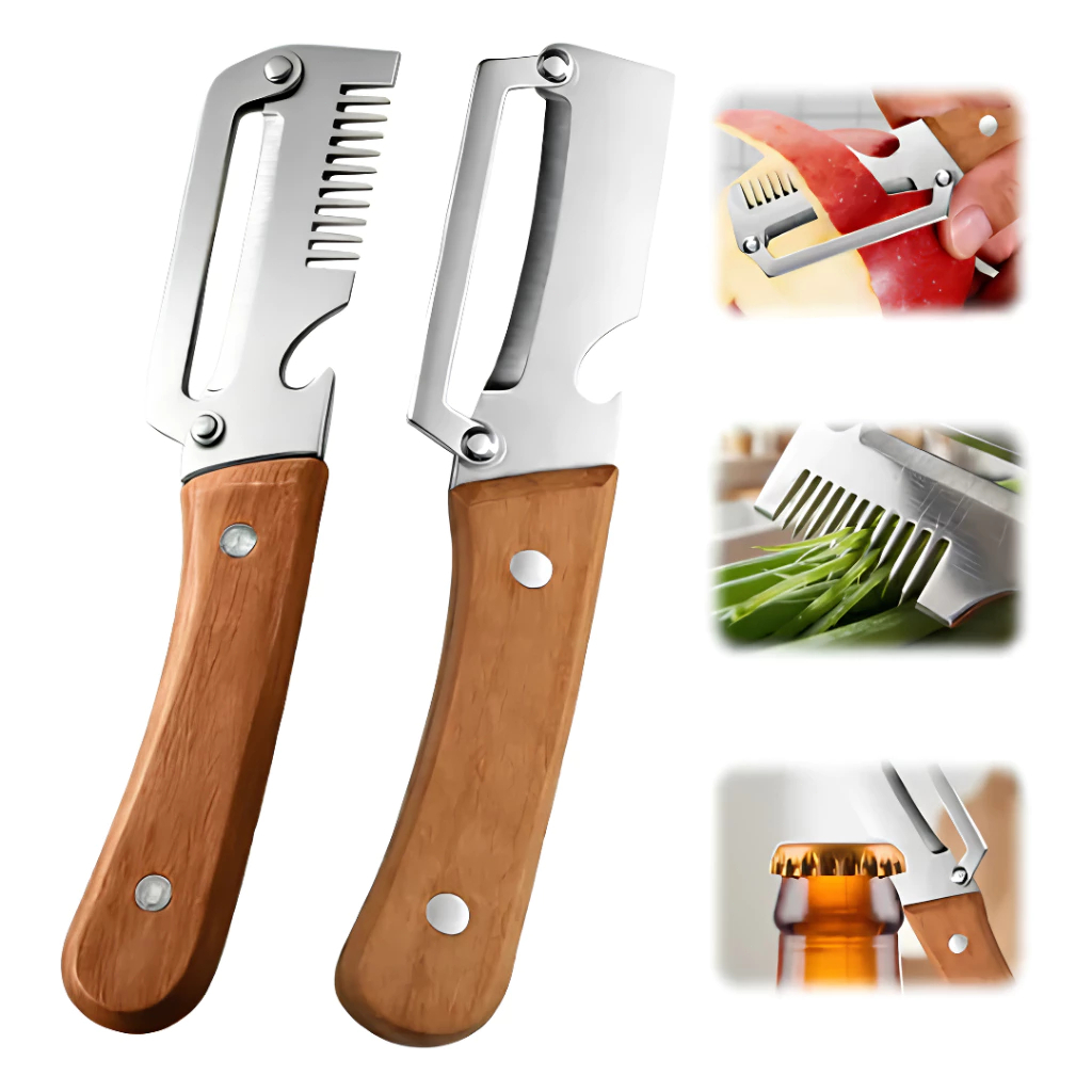 Kit2 Descascador de Legumes e Frutas 3 em 1 Multifuncional Aço Inox Cabo Madeira com Abridor