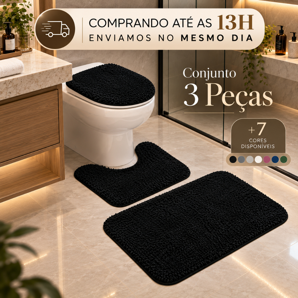 Conjunto Banheiro 3 Peças Tapete Preto Jogo Banheiro - Diversas Cores