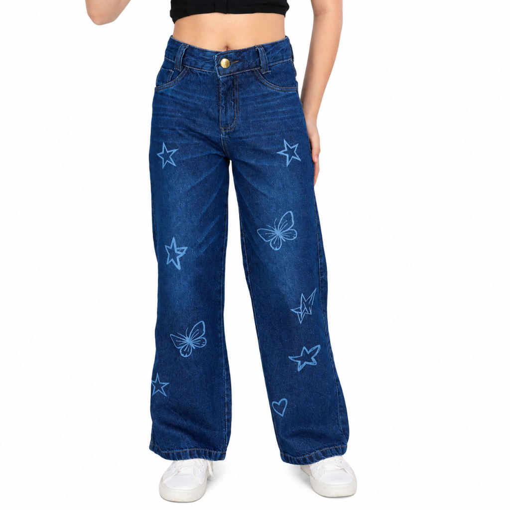 Calça Jeans Wide Leg Estampada a Laser Infantil Juvenil Tam. 10 ao 16