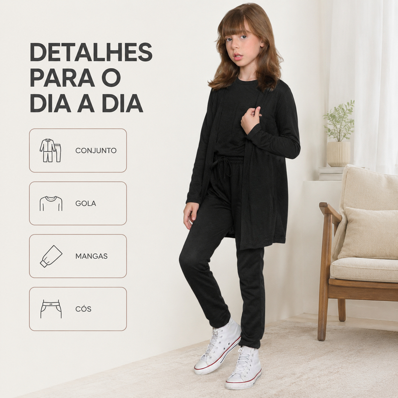 Conjunto Infantil Feminino Lanzinha 3 Peças – Cardigan+Blusa+Calça | Moda Infantil Inverno Tendência Confortável Casual