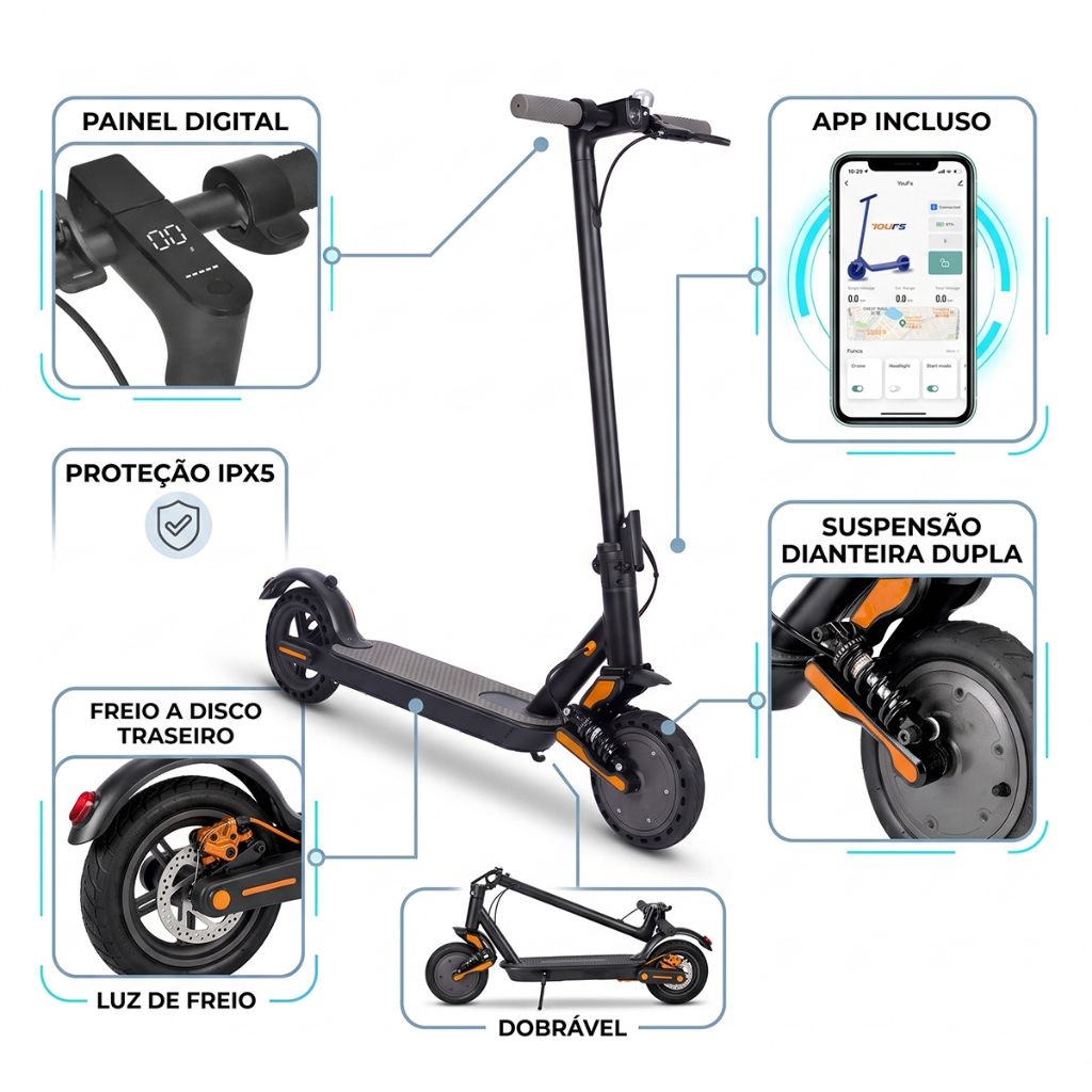 Patinete Elétrico Adulto 500W Scooter Elétrica 30km/h Bivolt Bluetooth com Controle por Aplicativo
