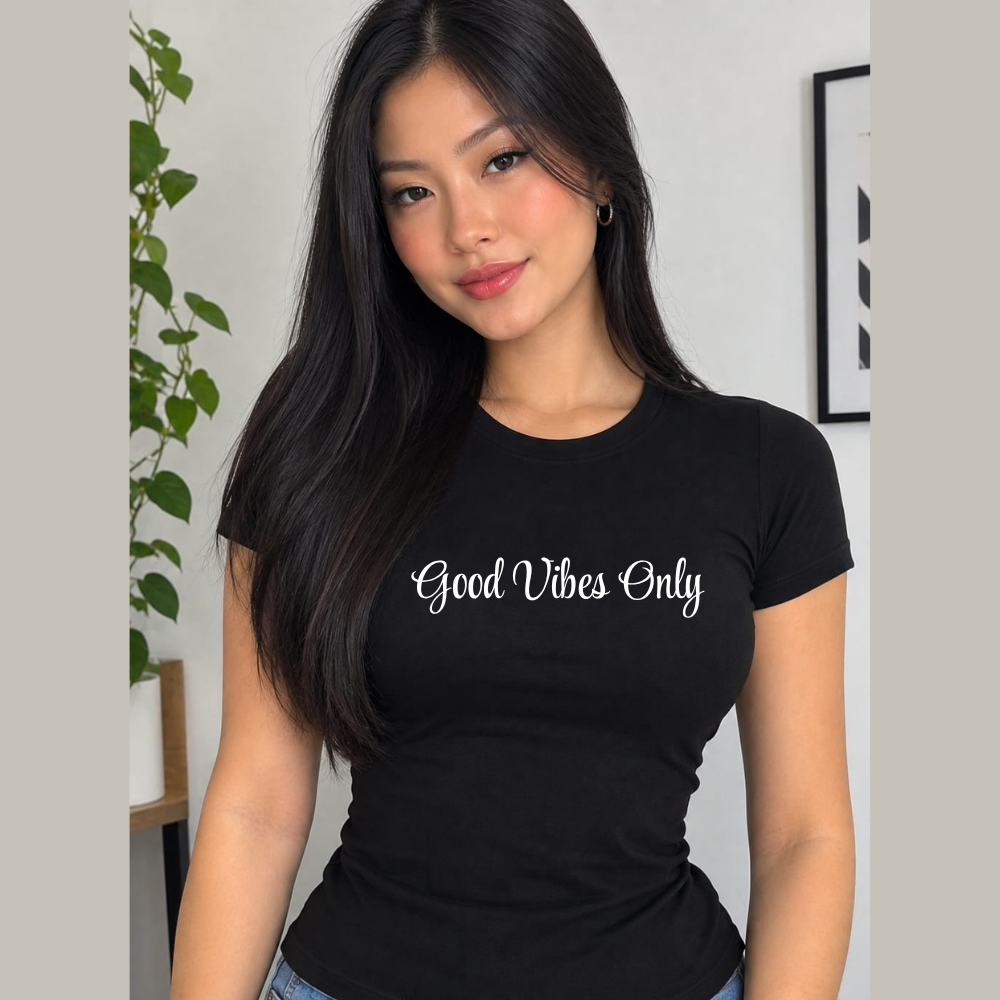 Baby Look Feminina Estampada Confortável e Estilosa Camiseta Feminina Baby Look Preta Moda Casual