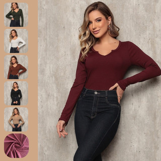 Blusa Blusinha Feminna Ribaninha Manga Longa Blusa decote V Malha Premium Blusa Basica Manga Longa