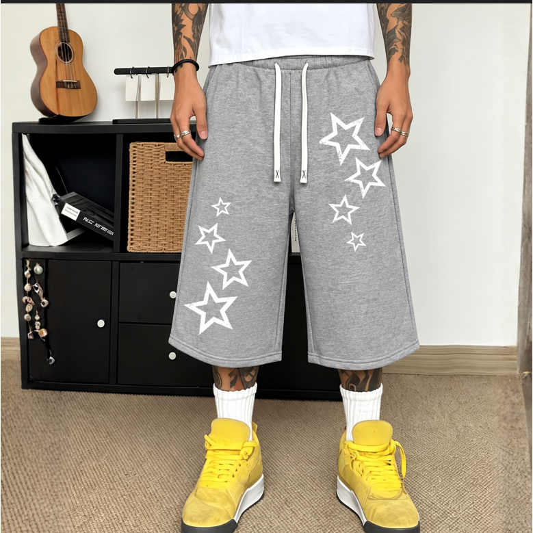 Bermudão Baggy Masculino Moletom Estampado Estrelas Streetwear Oversized