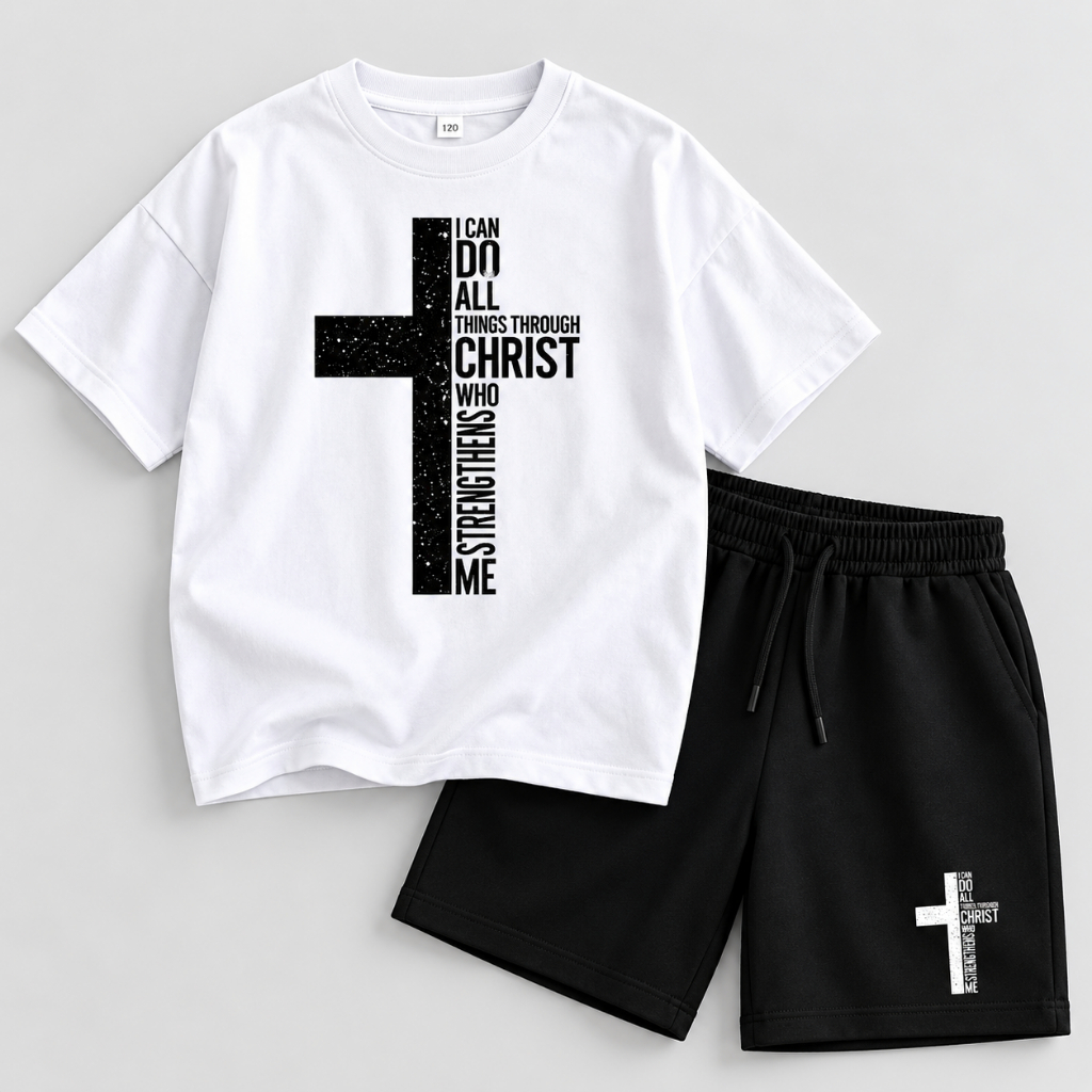 Conjunto Infantil Menino Camiseta Estampada Jesus Cristo Cruz + Bermuda Moletinho Preta Roupa Gospel Infantil