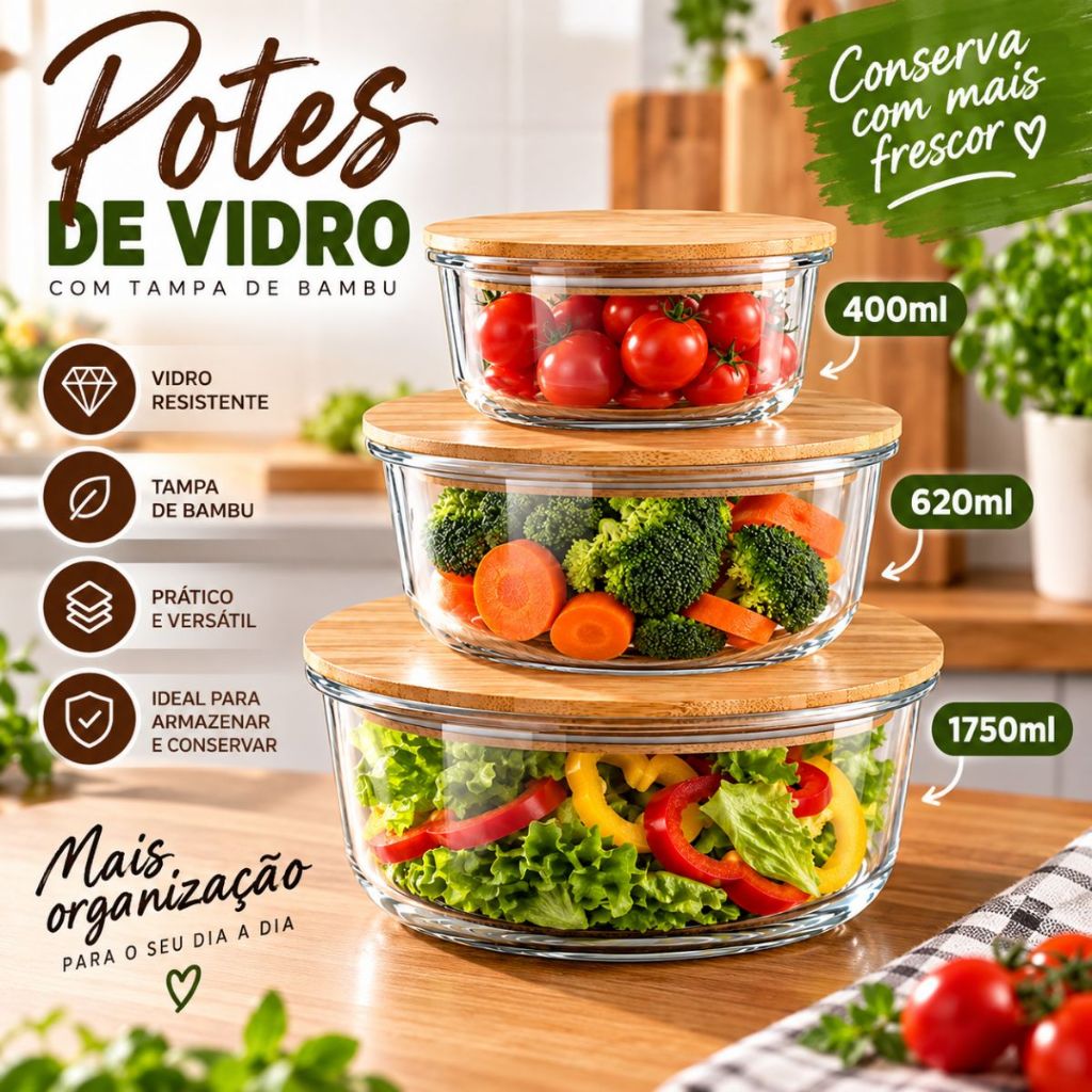Potes 400ml/620ml/1750ml Vidro Hermético Quadrado Marmita Potes Conjunto Pote Tampa de Bambu