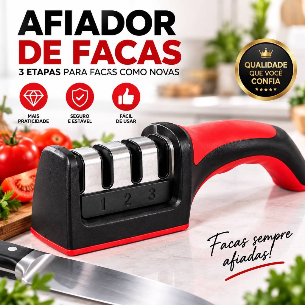 Afiador de Facas 3 Etapas Profissional Manual Amolador Cozinha com Cabo Ergonômico Antiderrapante