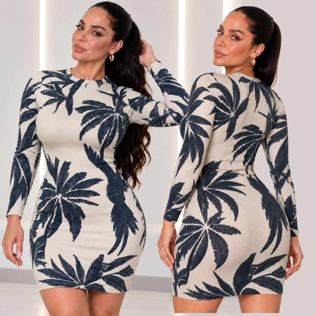 Vestido Feminino Tubinho Canelado Estampado Manga Longa Justo ao Corpo Casual Elegante