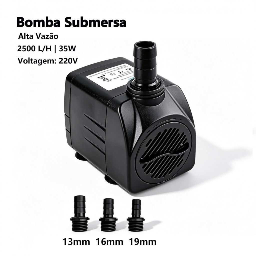 Bomba Submersa 2000L/H 2,5m 35W para Lago Aquário Fonte Cascata Água Doce e Salgada 110V ou 220V