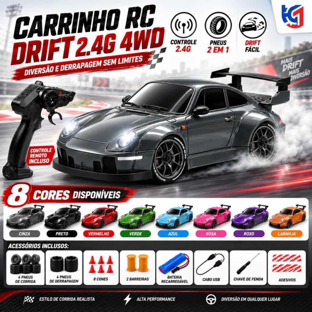911 Carrinho Controle Remoto Drift 4x4 1:24 2.4GHz 20km/h Recarregável com LED e Pneus Extras