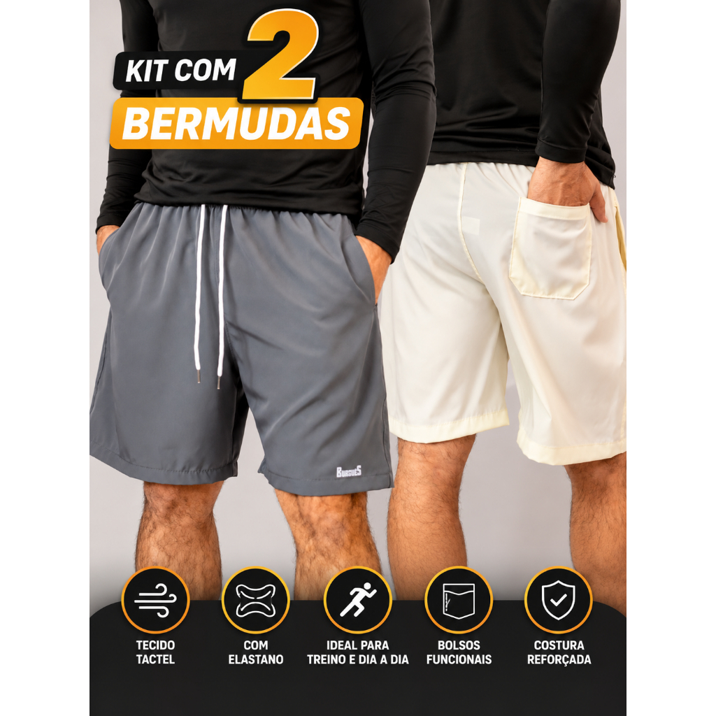 Kit 2 Bermudas Masculinas Tactel Com Elastano Academia Treino Corrida Praia Casual Bolsos Reforçada