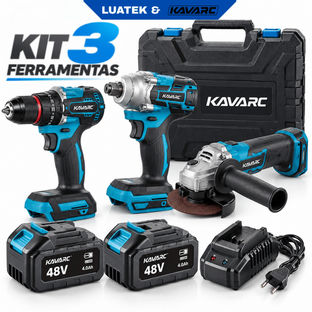 Kit Ferramentas Sem Fio Profissional 3 em 1 Parafusadeira Impacto Esmerilhadeira A Lítio 48V-LUATEK