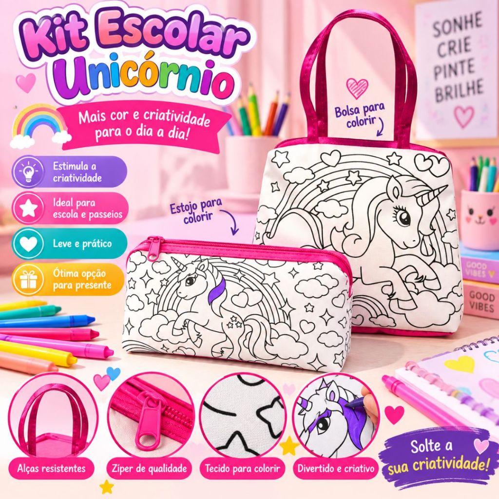 Bolsinha Infantil para Colorir Unicórnio com 8 Canetinhas Estojo Porta Lápis Lavável Bolsa Criativa para Pintar Presente