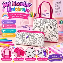 Bolsinha Infantil para Colorir Unicórnio com 8 Canetinhas Estojo Porta Lápis Lavável Bolsa Criativa para Pintar Presente