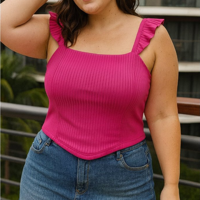 Blusa Feminina Cropped Plus Size Iza Alça Tecido Canelado Suave Casual e Elegante